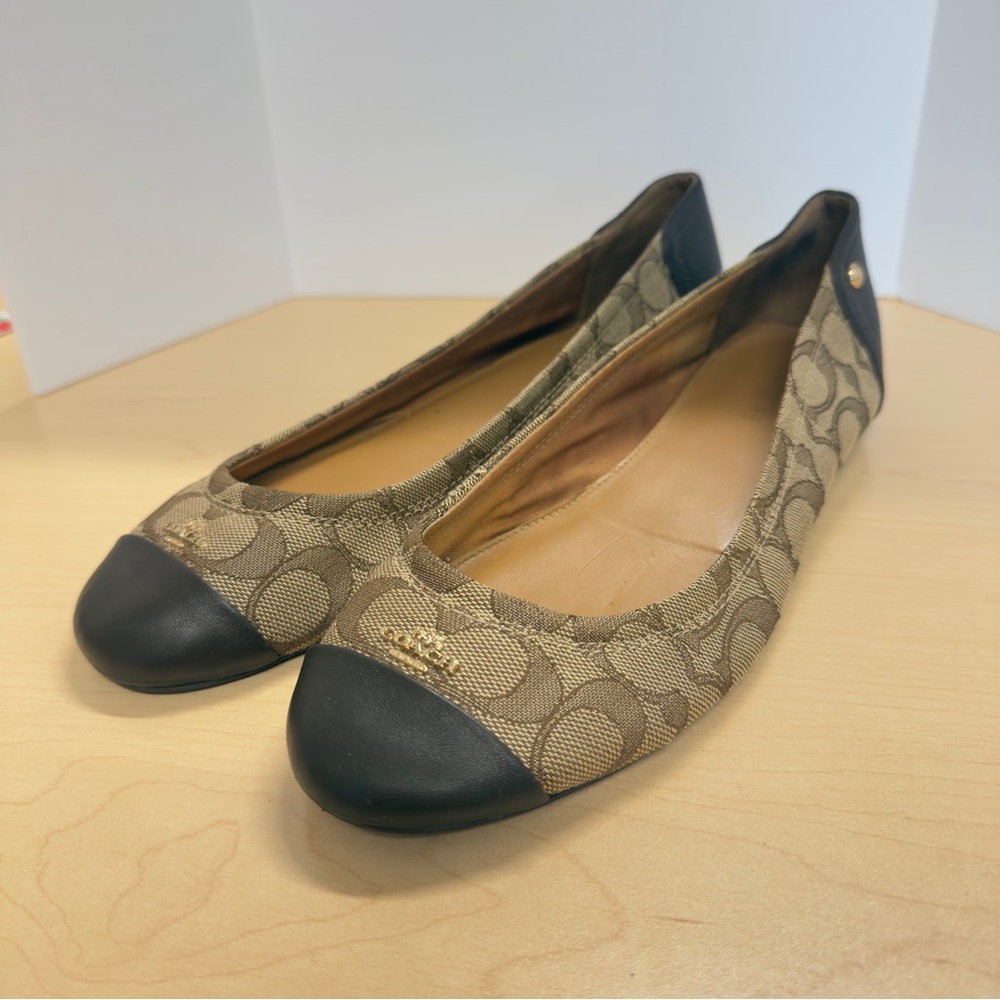 Coach Chelsea Ballet Flats Classic Signature Monogram Fabric Brown Leather Trim